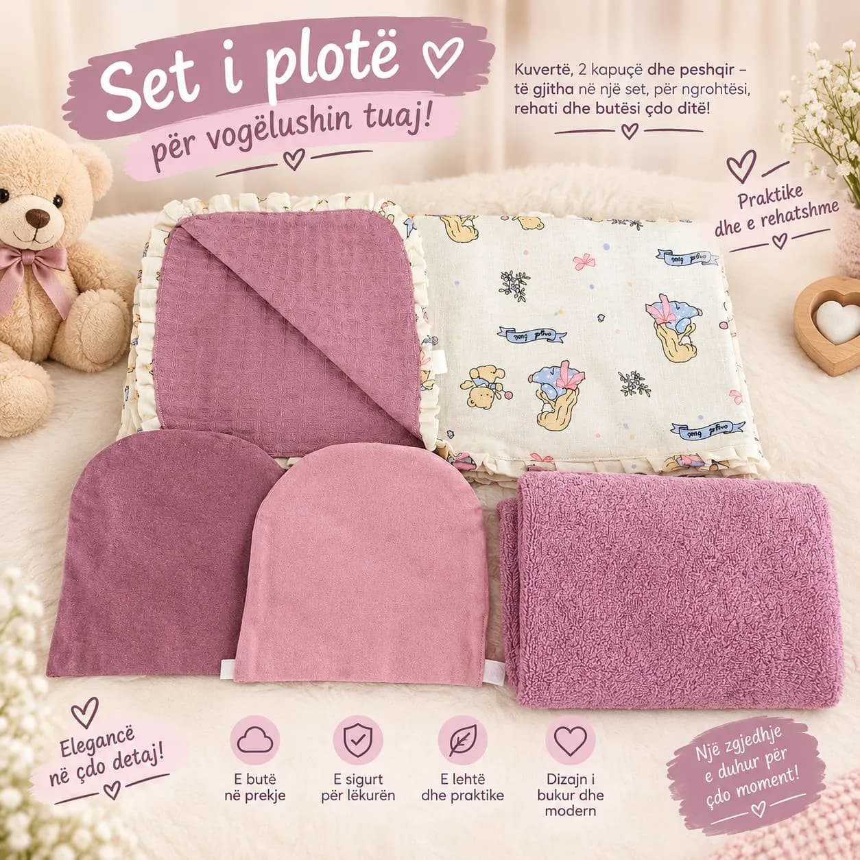 Set i plotë për vogëlushin tuaj, kuverte, 3 kapuce dhe peshqir