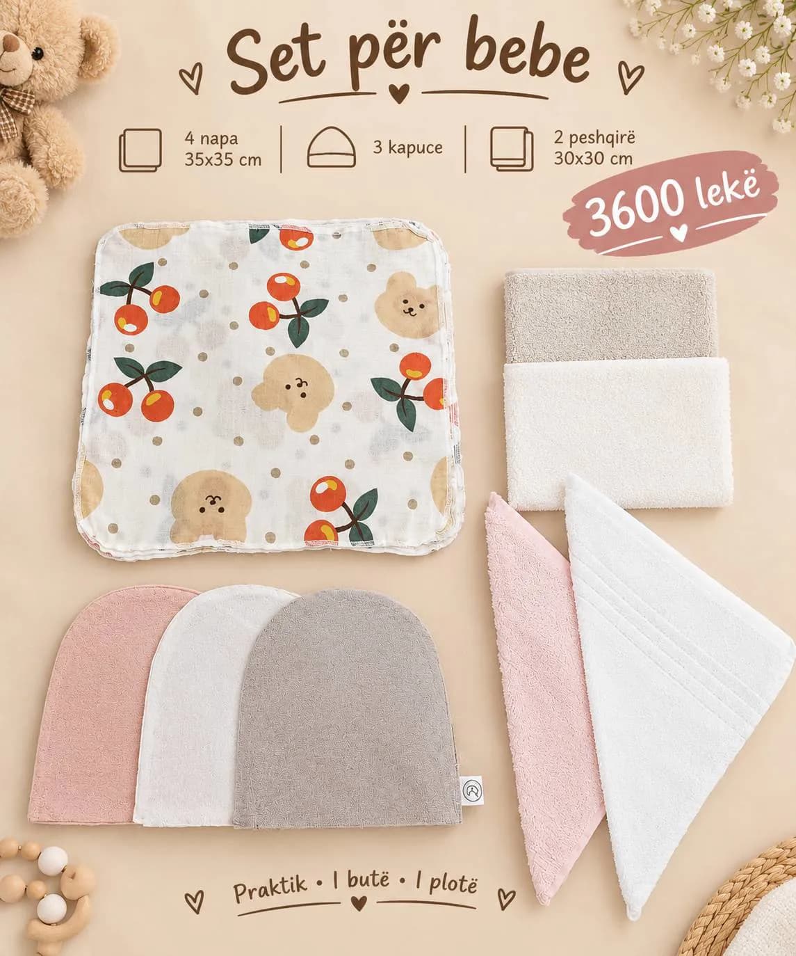 Set për bebe - Peshqirë, napa dhe kapuçe — foto 1