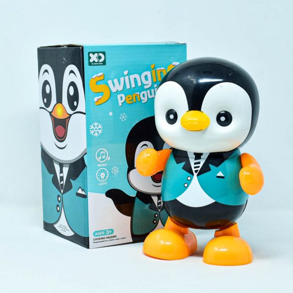 Pinguin që lëkundet duke kërcyer me dritë dhe muzikë